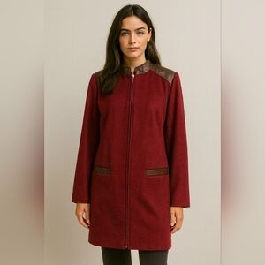 Vintage BRADLEY BAYOU Wool/Cashmere With Leather Trim Longline Jacket.Burgundy.S